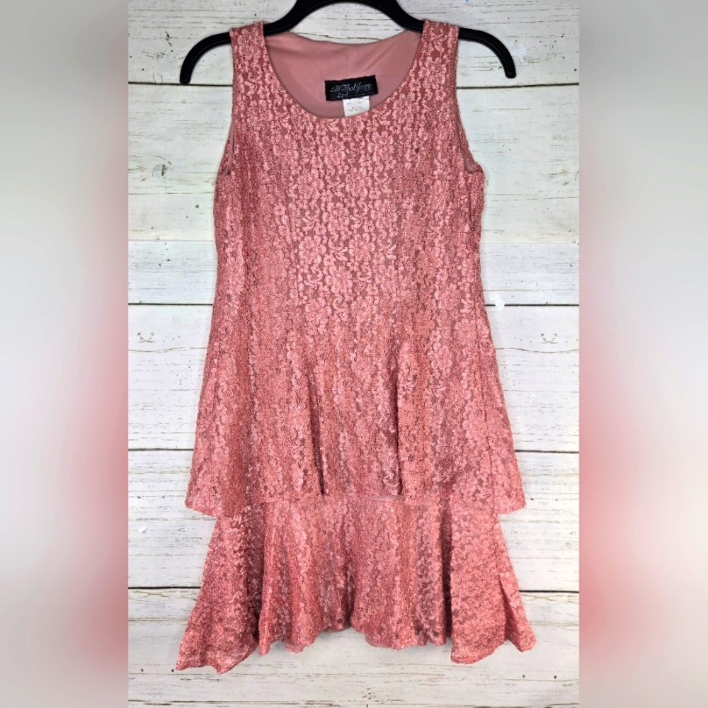All That Jazz Vintage Rare Metallic Blush Lace Two Tier A-Line Mini Dress